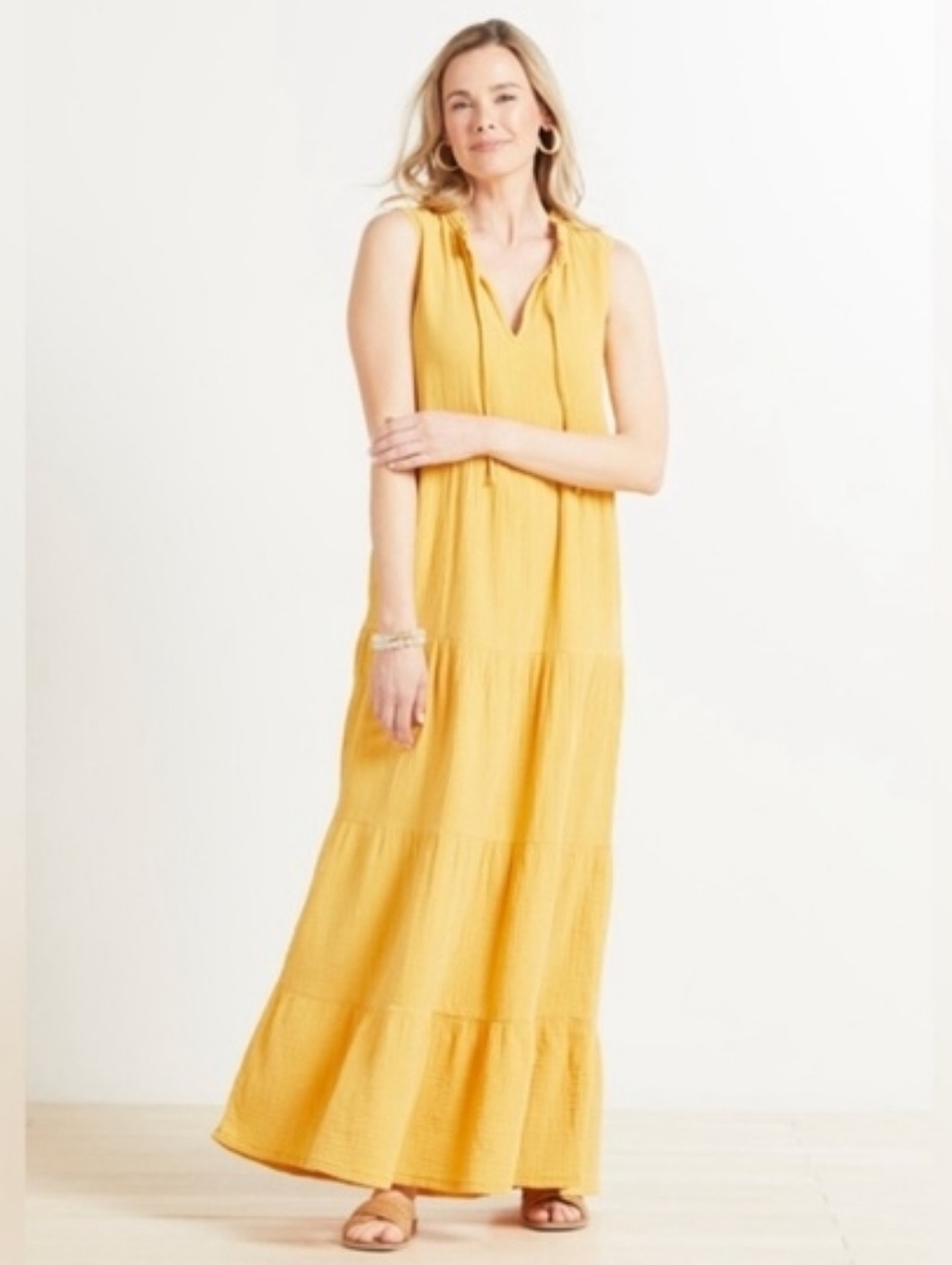 Evereve Georgia Tie Neck Tiered Gauze Maxi Dress Yellow - M